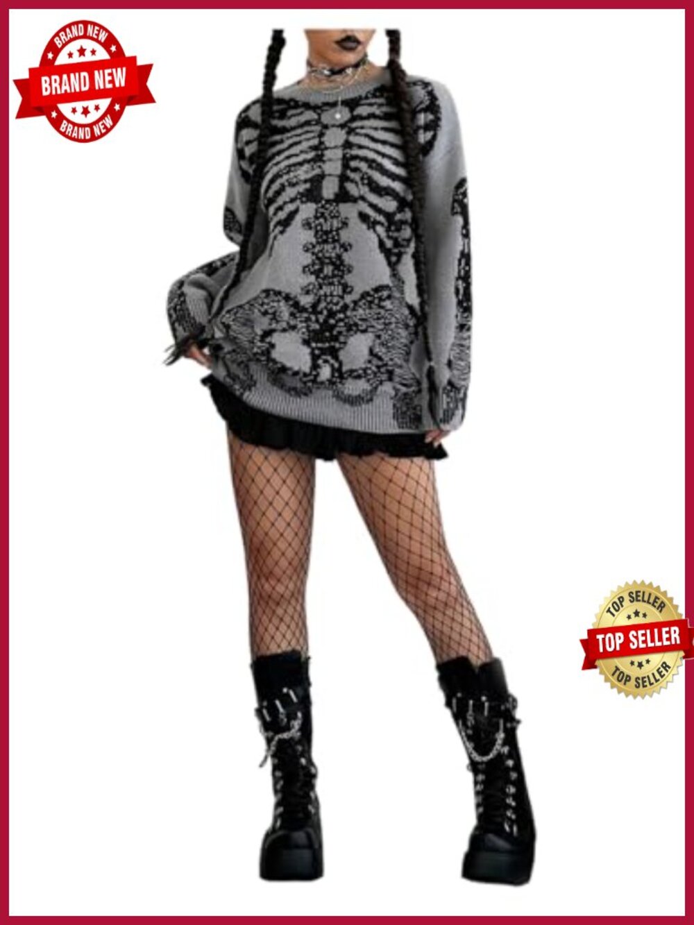 Skeleton Graphic Oversized Sweater Long Sleeve Crew Neck Gothic Knitted Pullover